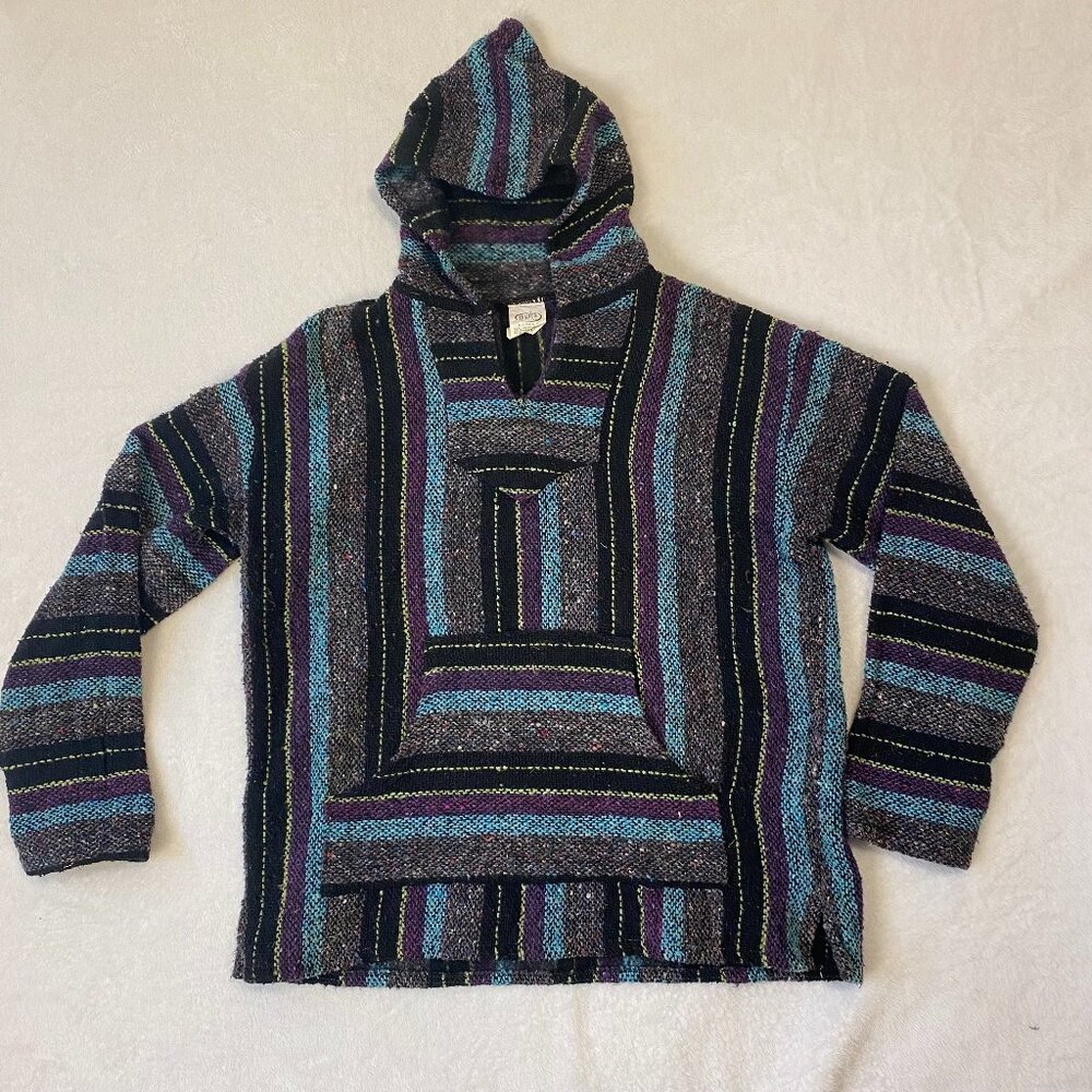 Franks Textiles Baja Blue Purple Striped Hoodie Size Large 100% Cotton